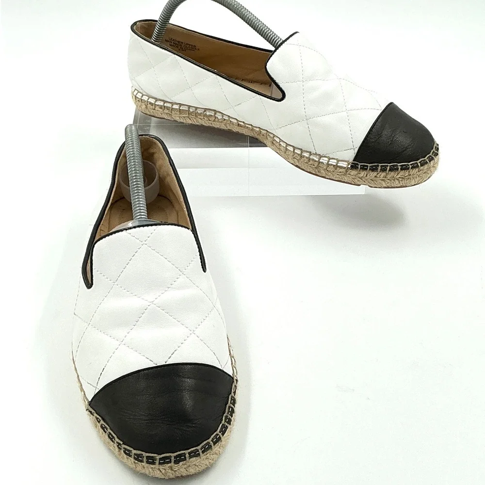 Talbots Size 9.5 White Quilted Leather Espadrille Loafers Black Cap Toe